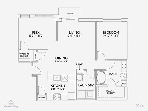 Floor plan for 1 bed, 1 bath, 1060 sqft